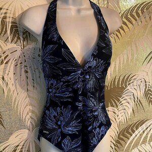 SPEEDO Blue Floral Halter Top One-Piece Swimsuit ~ Ladies Sz 18 / XL